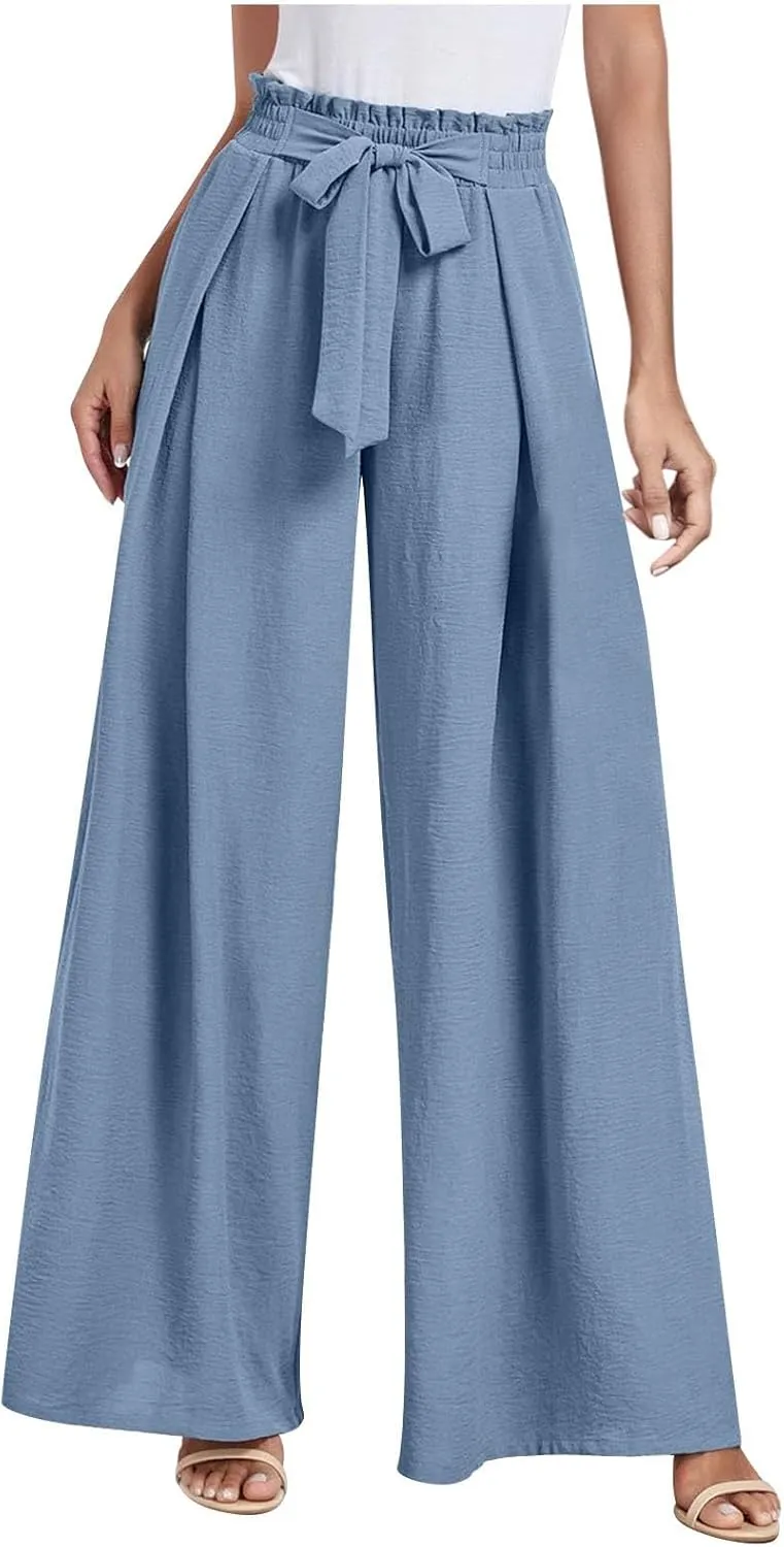 Flowy Wide Leg Pants Woman Business Casual Linen Pants Trousers Ladies Summer High Waisted Work Palazzo Pants