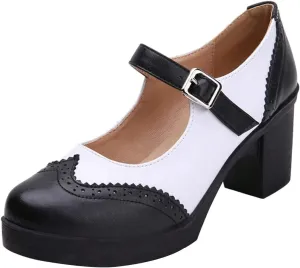FOWT Women Two Tone Platform Loafers Chunky Block Mid Heel Pumps Round Toe Cute Lolita Dressy Shoes Size 4-16 US