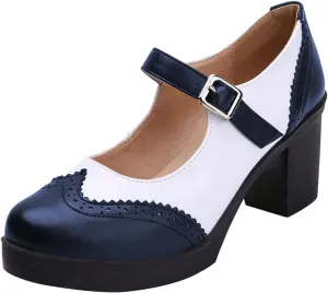 FOWT Women Two Tone Platform Loafers Chunky Block Mid Heel Pumps Round Toe Cute Lolita Dressy Shoes Size 4-16 US