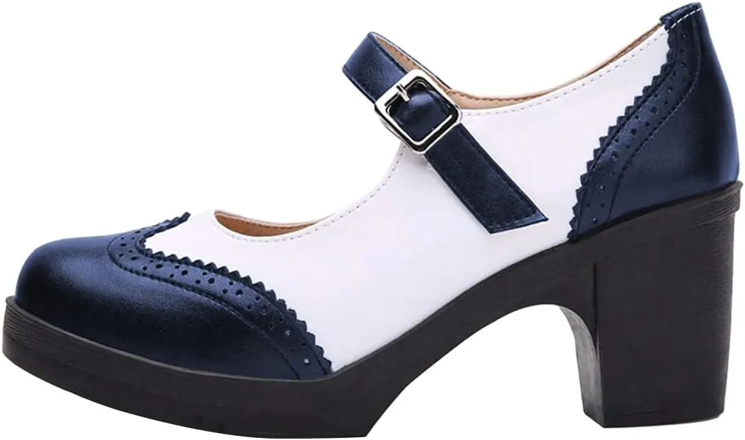 FOWT Women Two Tone Platform Loafers Chunky Block Mid Heel Pumps Round Toe Cute Lolita Dressy Shoes Size 4-16 US