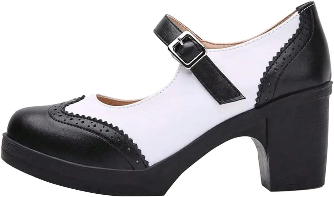 FOWT Women Two Tone Platform Loafers Chunky Block Mid Heel Pumps Round Toe Cute Lolita Dressy Shoes Size 4-16 US