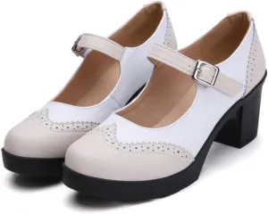FOWT Women Two Tone Platform Loafers Chunky Block Mid Heel Pumps Round Toe Cute Lolita Dressy Shoes Size 4-16 US