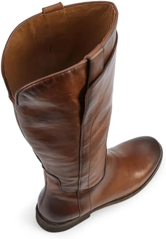 Frye Paige Tall Riding Boots for Women Made from Antiqued Italian Leather with Overlapping Front Panels, Stacked Leather Heel, and Leather Outsole – 16” Shaft Height