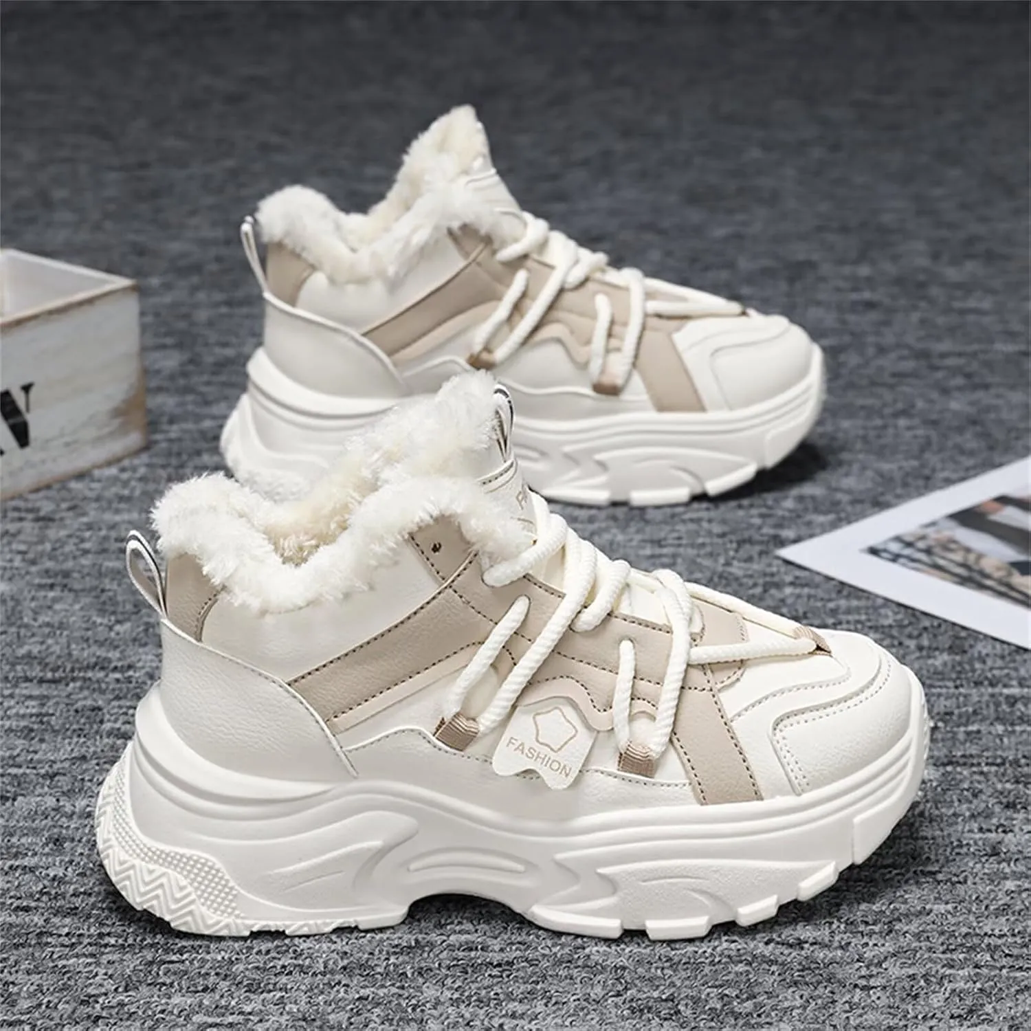 Fur Lined Winter Sneakers for Women Fashion Dad Shoes Warm Fleece Lining Comfortable Chunky Platform Sneakers for Girls