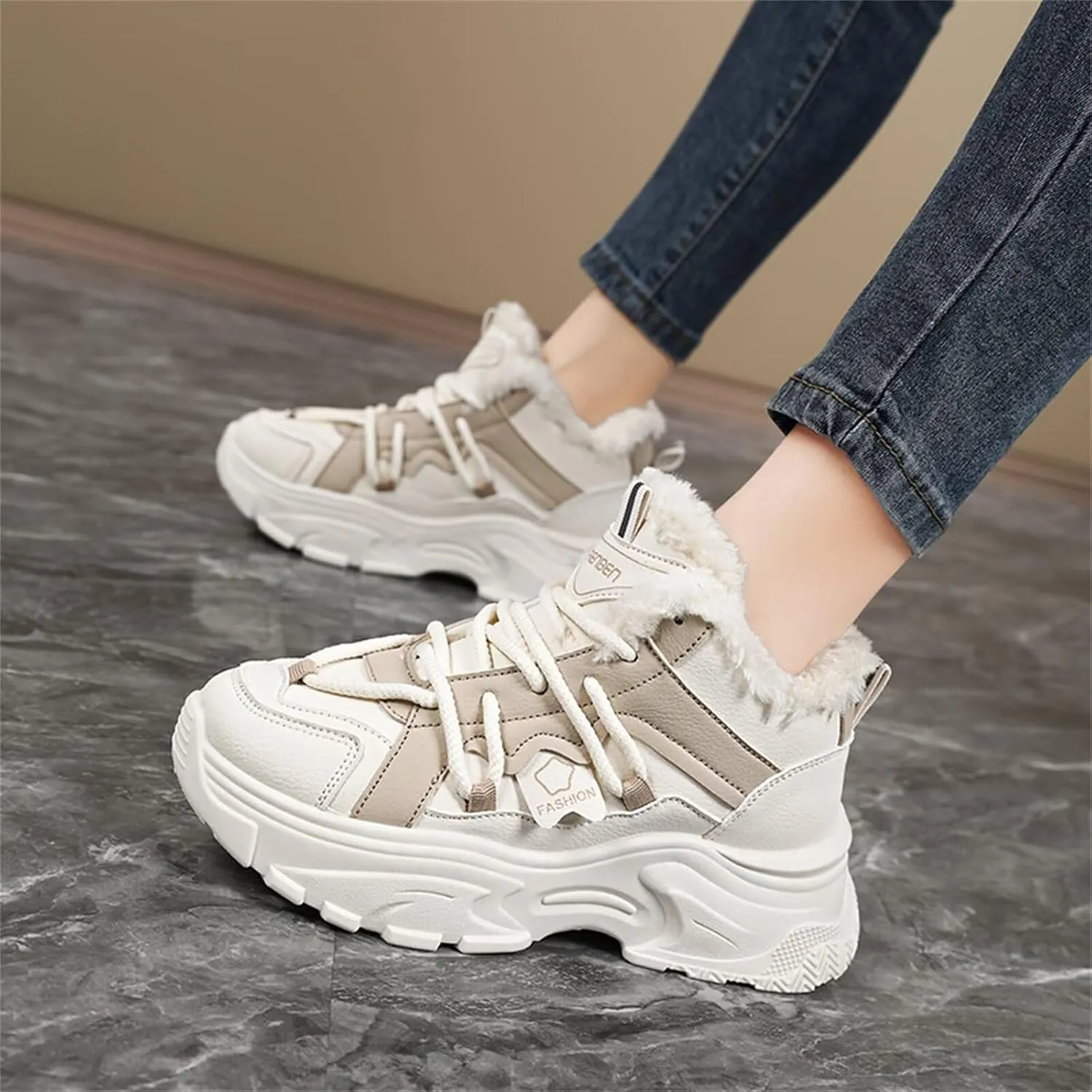 Fur Lined Winter Sneakers for Women Fashion Dad Shoes Warm Fleece Lining Comfortable Chunky Platform Sneakers for Girls