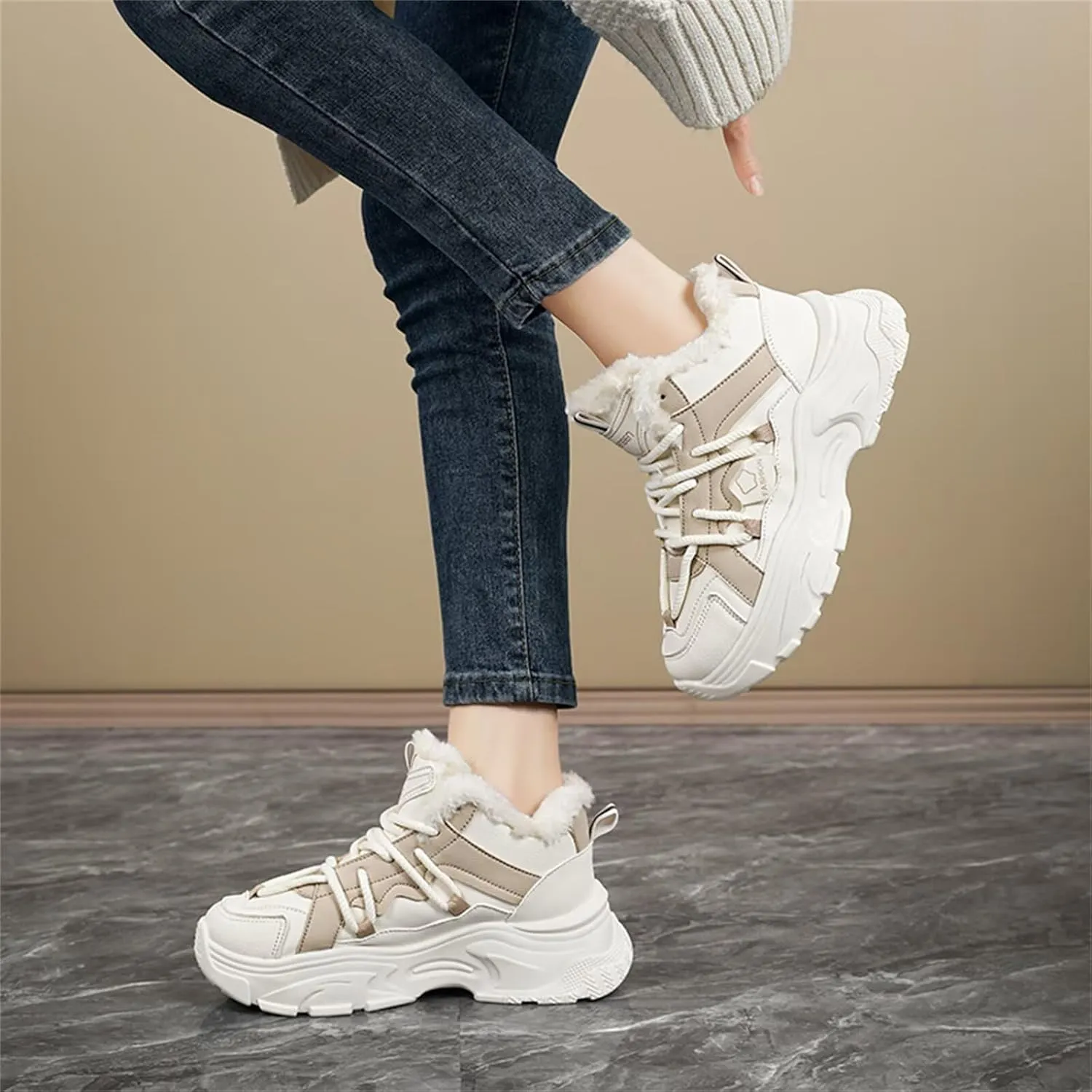 Fur Lined Winter Sneakers for Women Fashion Dad Shoes Warm Fleece Lining Comfortable Chunky Platform Sneakers for Girls