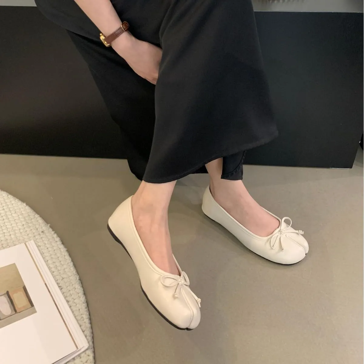 Geerta Tabi Shoes Women Slip on Bow Decorated Ballet Flat - Low Top Split Toe Orthopedic Sandals Cute Casual Comfortable Walking Lightweight Loafers Female Solid All-Match for Daily Wear Beach Travel