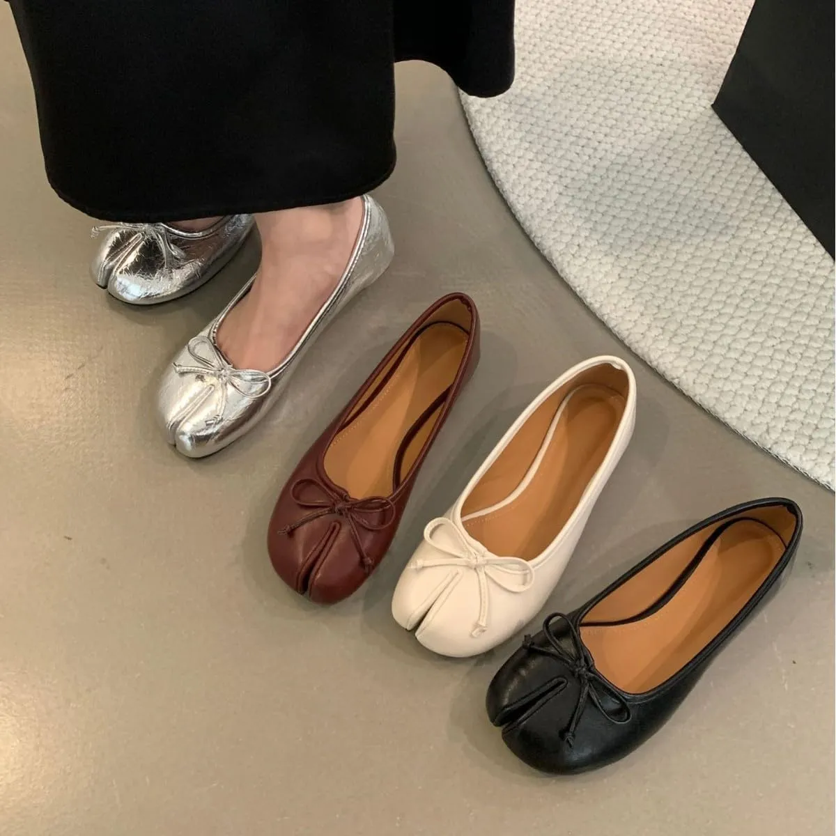 Geerta Tabi Shoes Women Slip on Bow Decorated Ballet Flat - Low Top Split Toe Orthopedic Sandals Cute Casual Comfortable Walking Lightweight Loafers Female Solid All-Match for Daily Wear Beach Travel