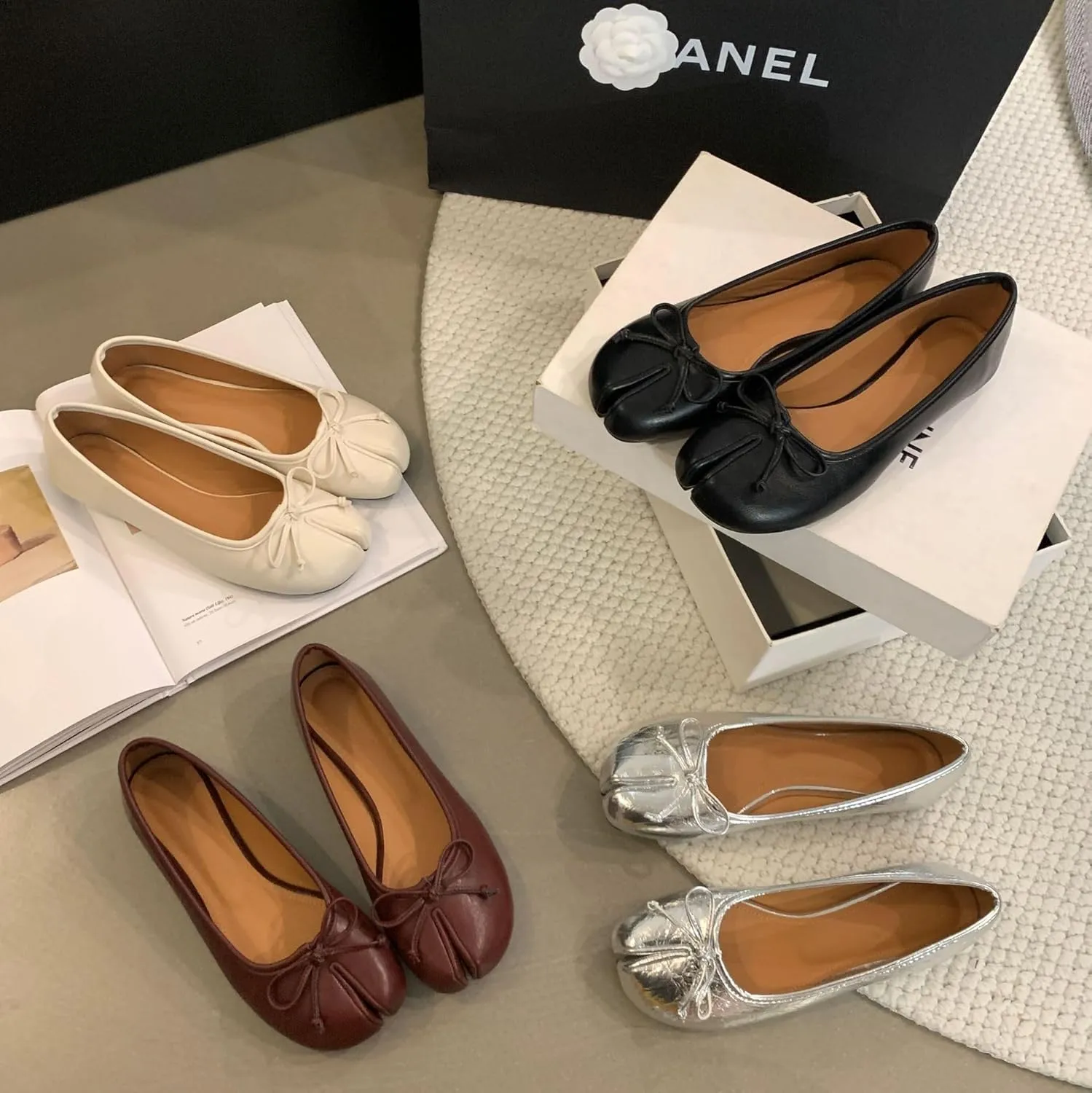 Geerta Tabi Shoes Women Slip on Bow Decorated Ballet Flat - Low Top Split Toe Orthopedic Sandals Cute Casual Comfortable Walking Lightweight Loafers Female Solid All-Match for Daily Wear Beach Travel