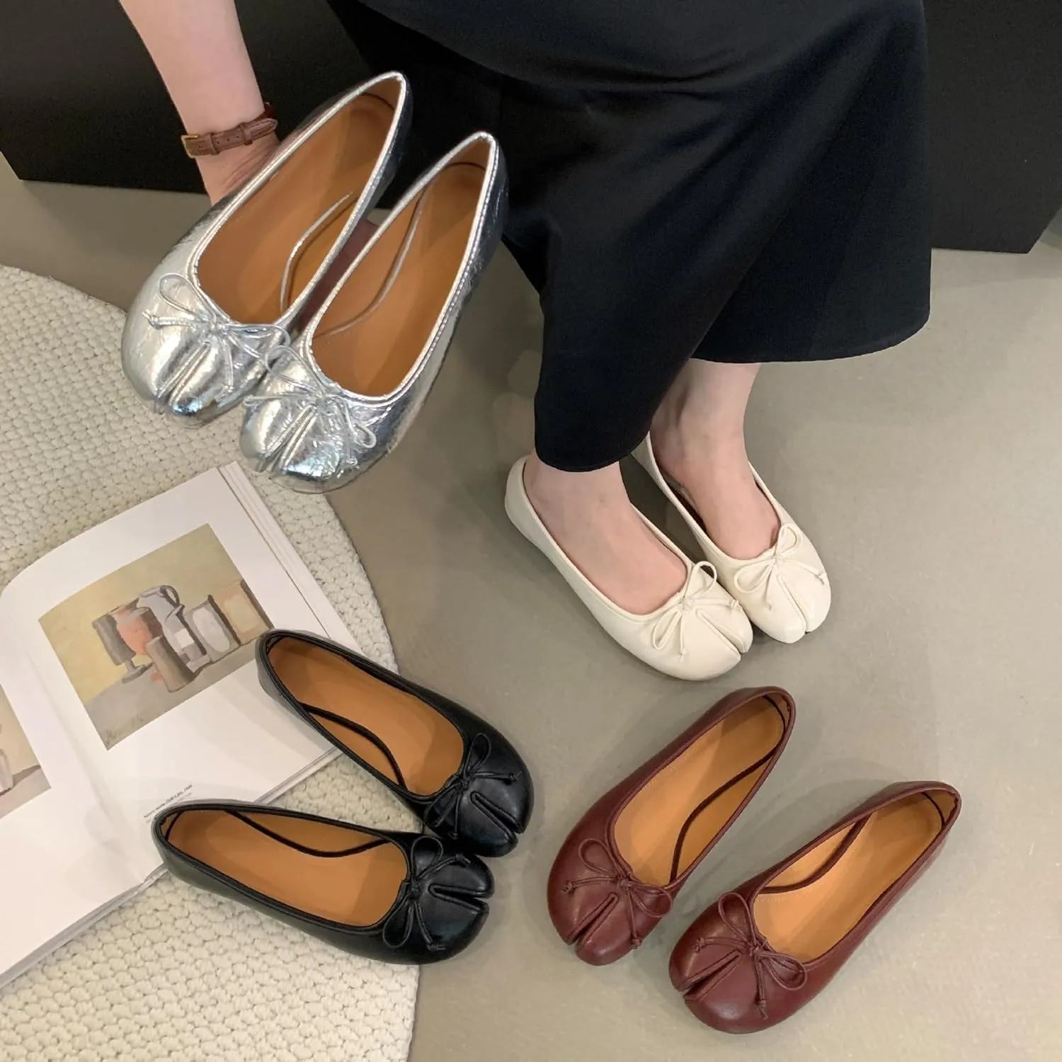 Geerta Tabi Shoes Women Slip on Bow Decorated Ballet Flat - Low Top Split Toe Orthopedic Sandals Cute Casual Comfortable Walking Lightweight Loafers Female Solid All-Match for Daily Wear Beach Travel