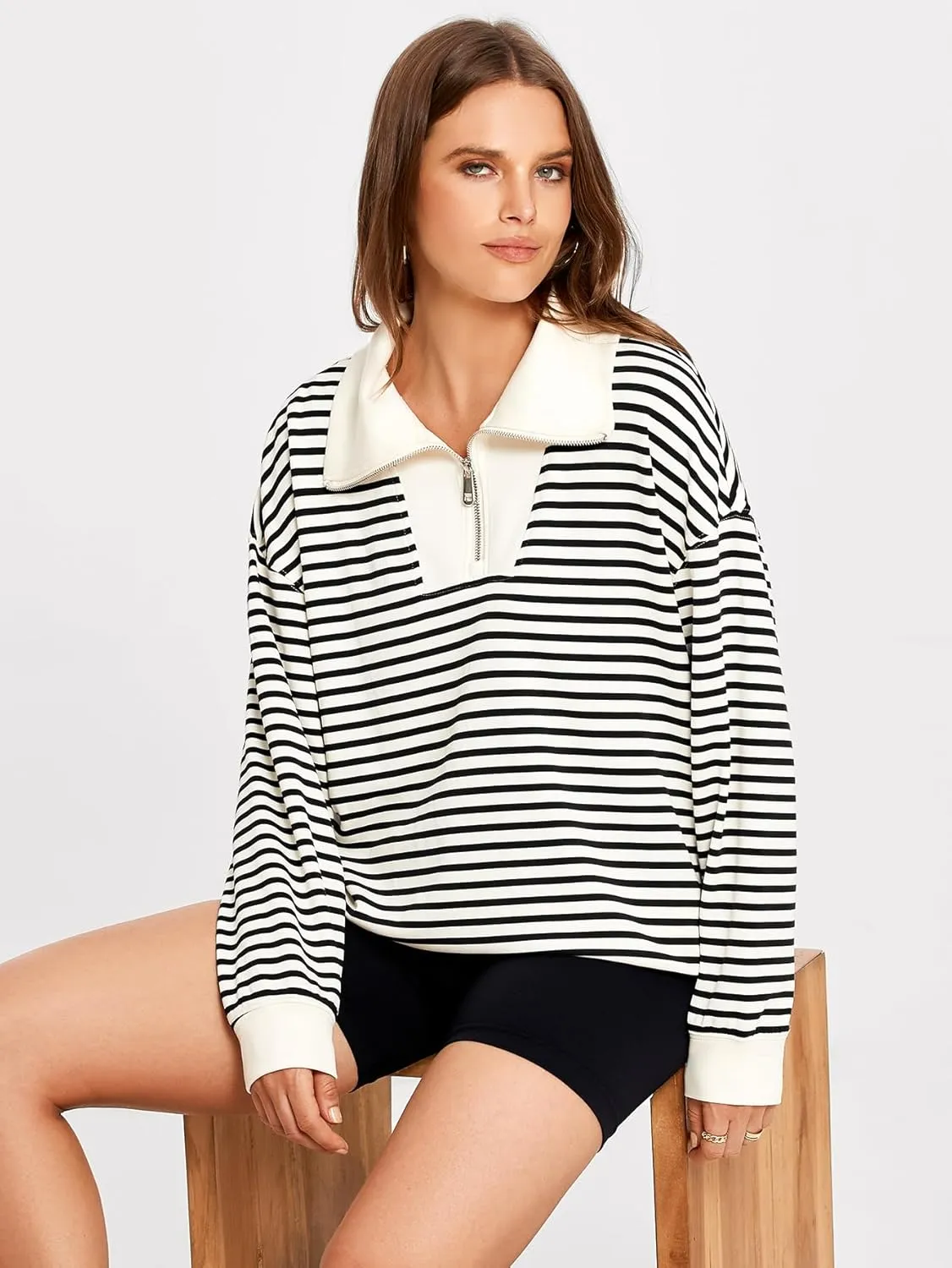 Glamaker Womens Striped Quarter Zip Sweatshirt Casual Long Sleeve Lapel Pullover Tops Fall Outfit Trendy Fashion Clothes