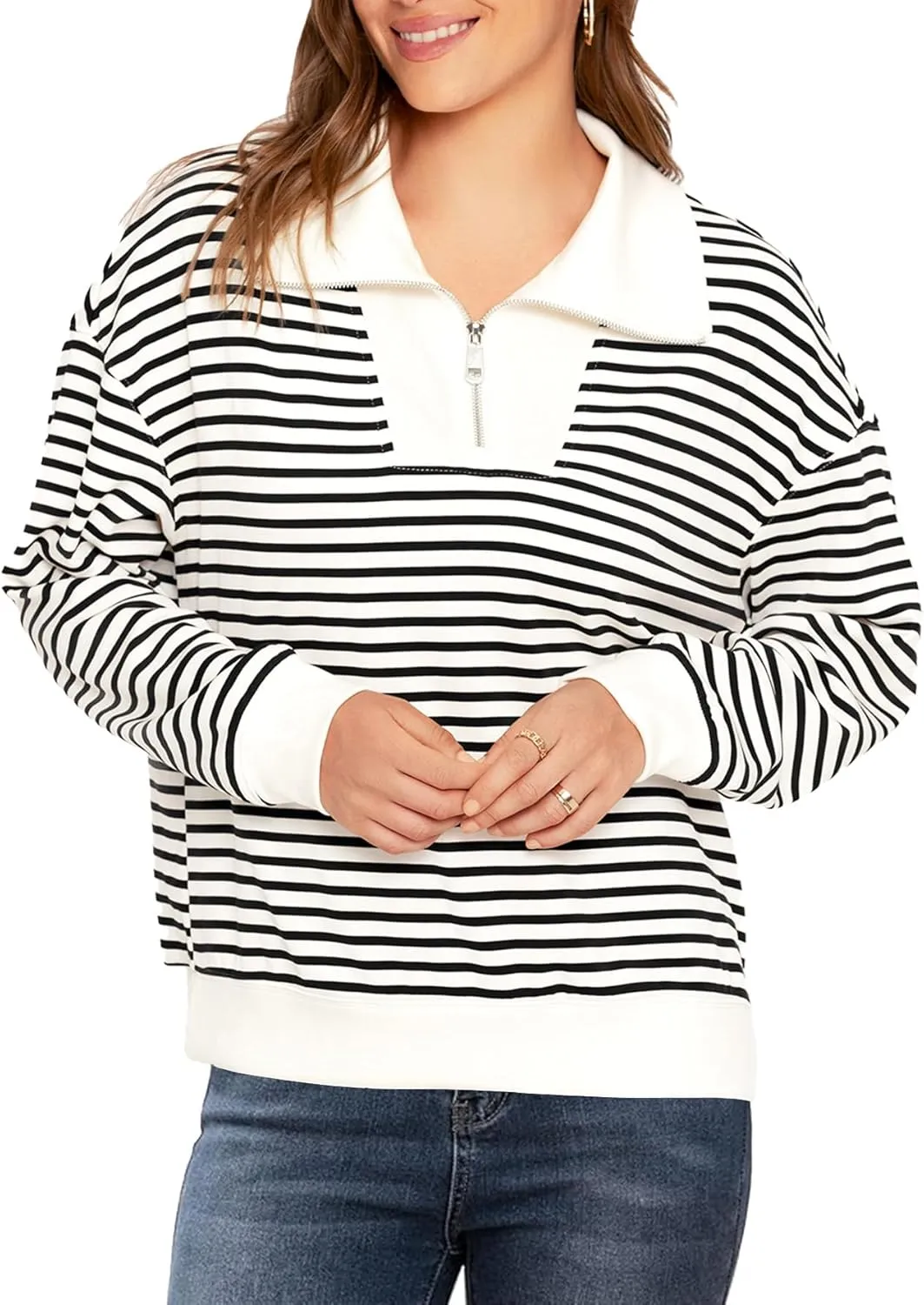 Glamaker Womens Striped Quarter Zip Sweatshirt Casual Long Sleeve Lapel Pullover Tops Fall Outfit Trendy Fashion Clothes