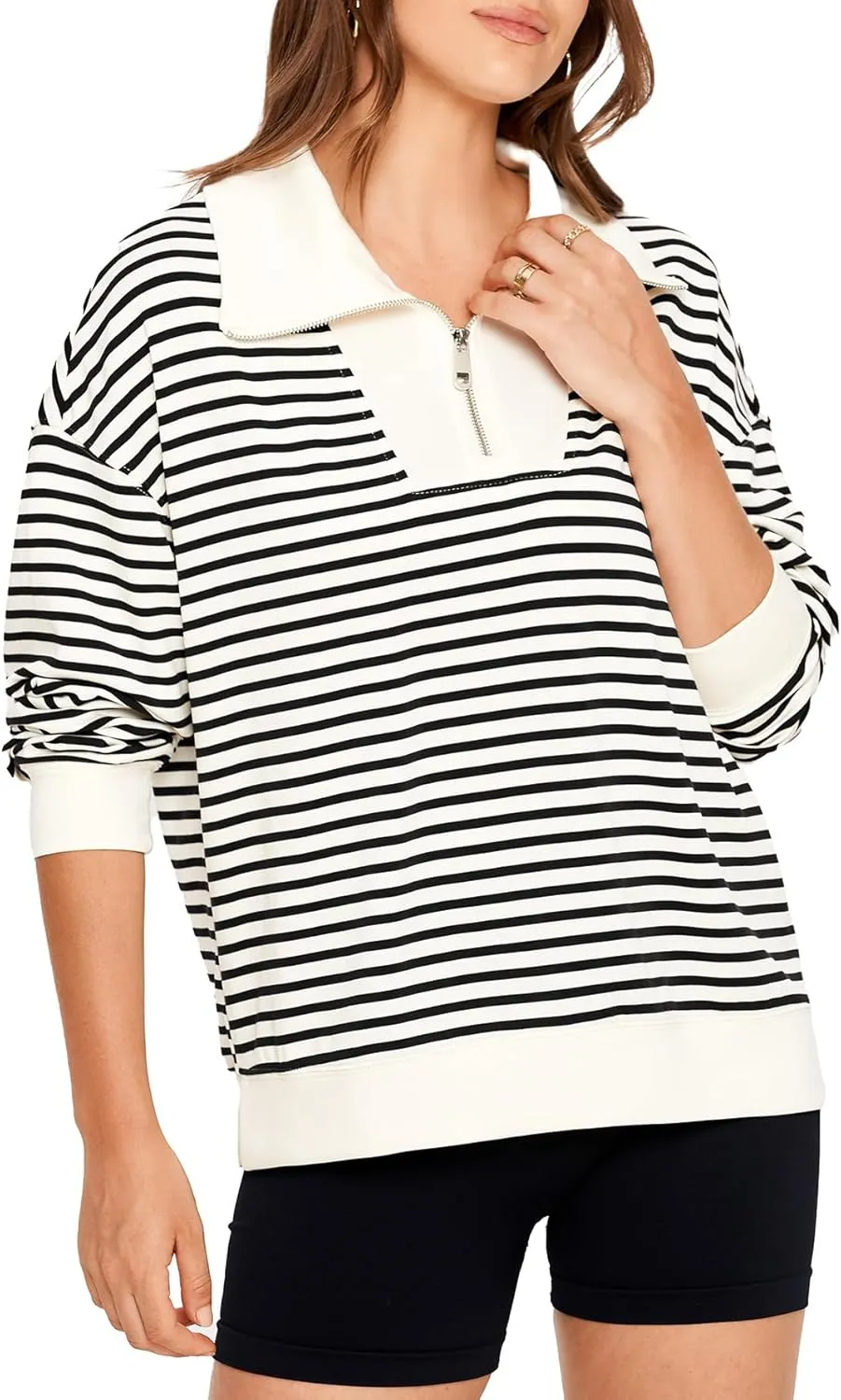 Glamaker Womens Striped Quarter Zip Sweatshirt Casual Long Sleeve Lapel Pullover Tops Fall Outfit Trendy Fashion Clothes