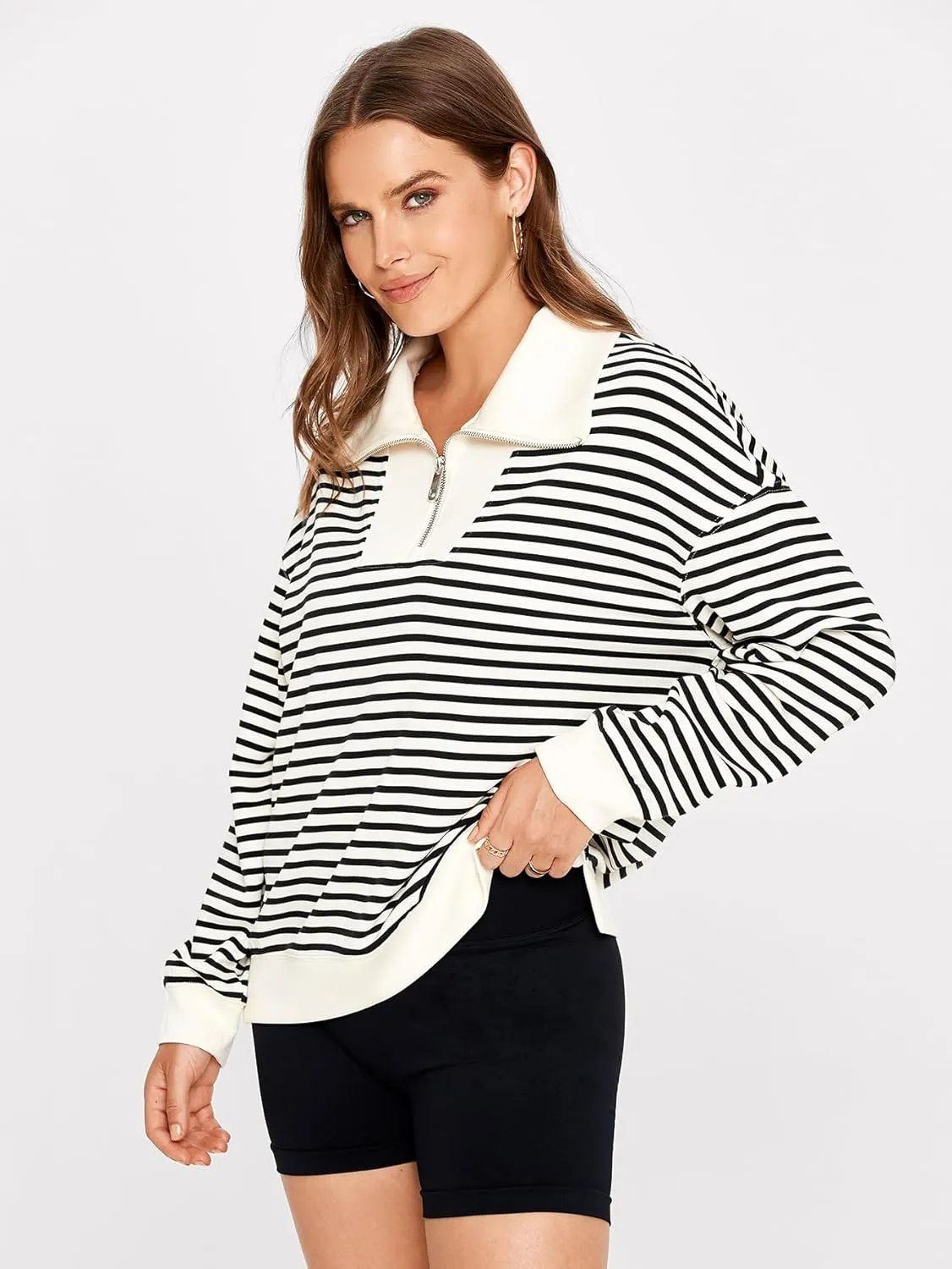 Glamaker Womens Striped Quarter Zip Sweatshirt Casual Long Sleeve Lapel Pullover Tops Fall Outfit Trendy Fashion Clothes