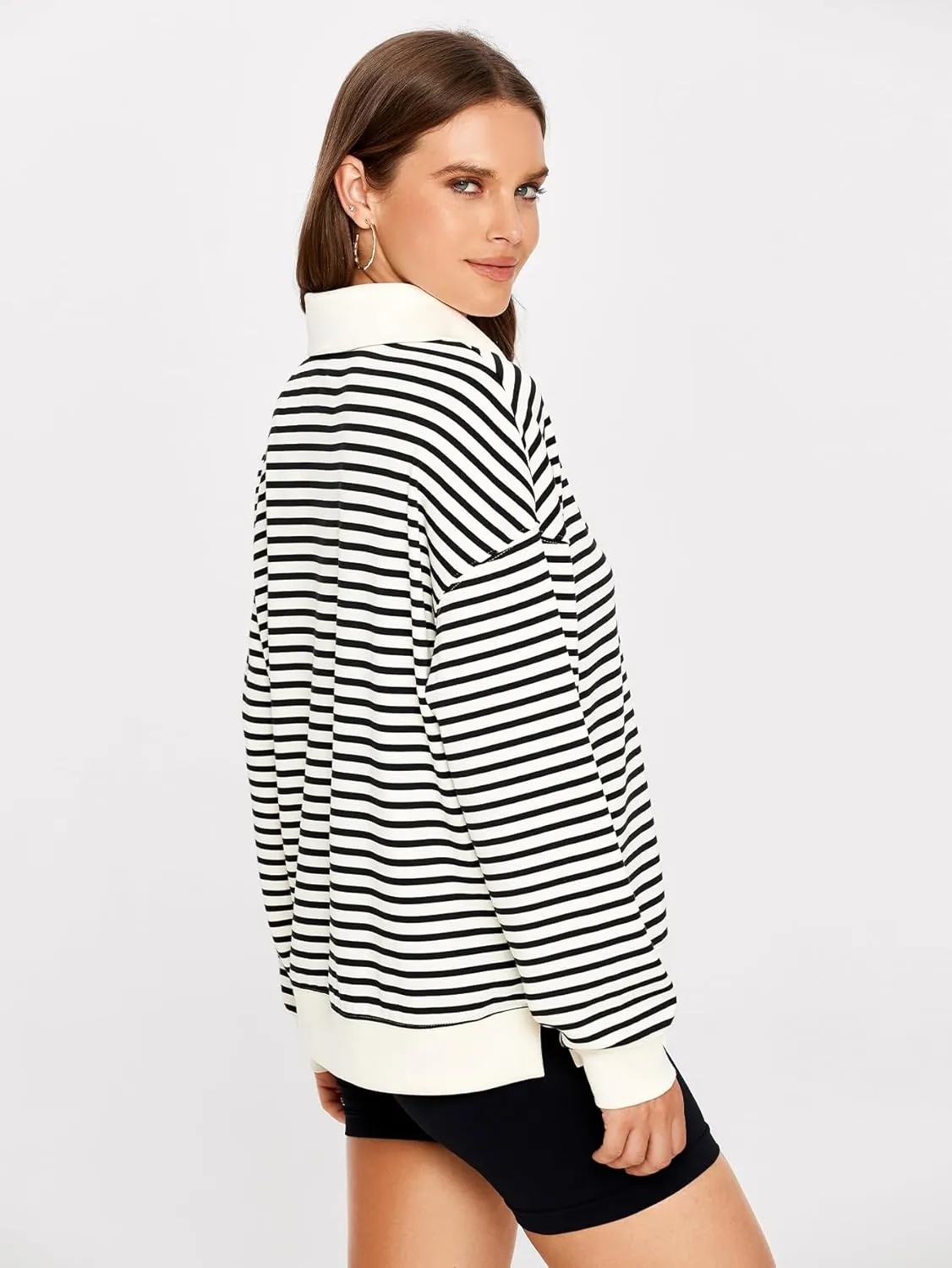 Glamaker Womens Striped Quarter Zip Sweatshirt Casual Long Sleeve Lapel Pullover Tops Fall Outfit Trendy Fashion Clothes