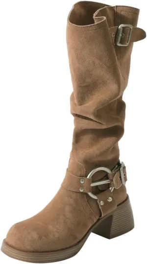 GORBINETI Women's Cowboy Square Toe Slouchy Mid Calf Boots with Chunky Heels Metal Buckles Fashion Winter Dress Boots