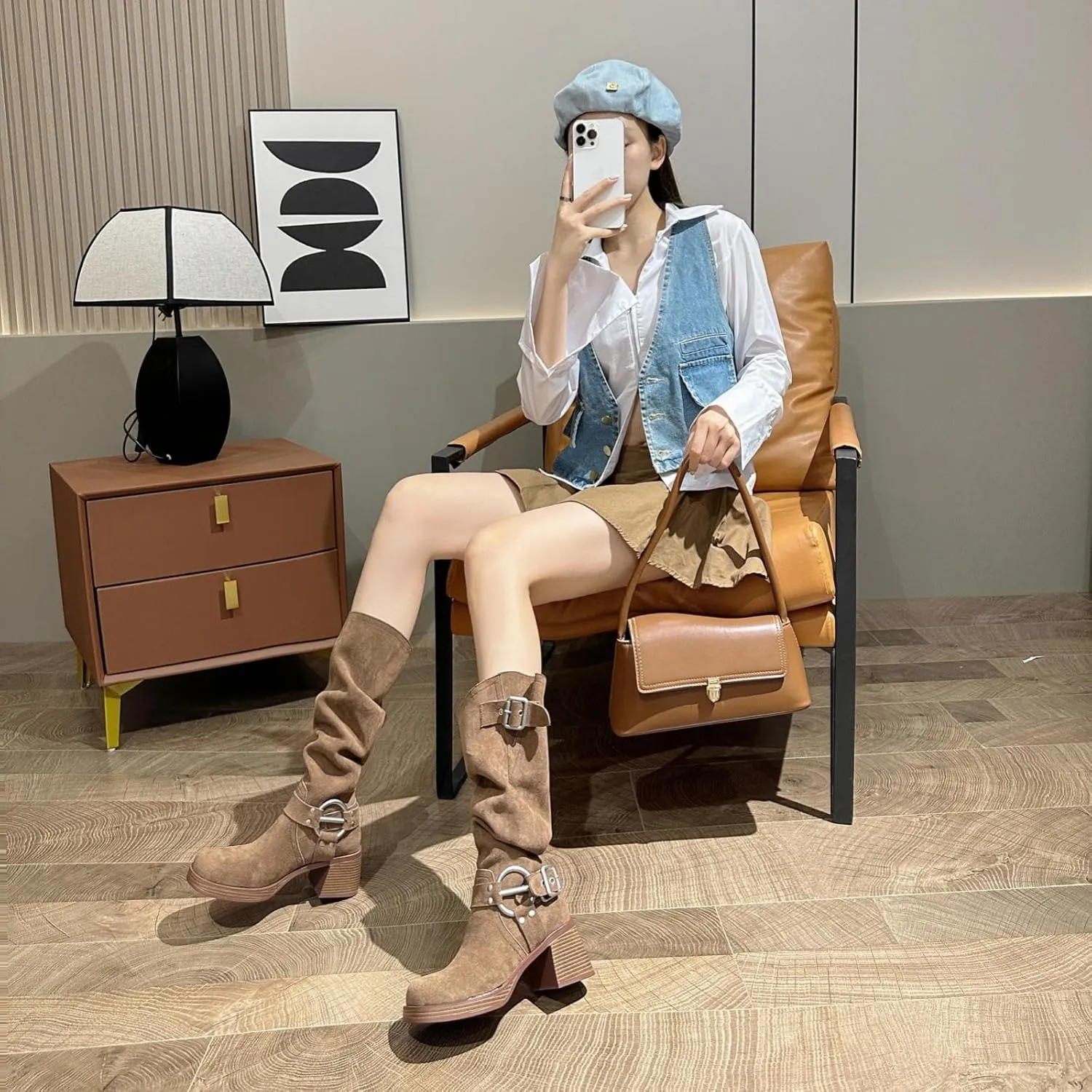 GORBINETI Women's Cowboy Square Toe Slouchy Mid Calf Boots with Chunky Heels Metal Buckles Fashion Winter Dress Boots