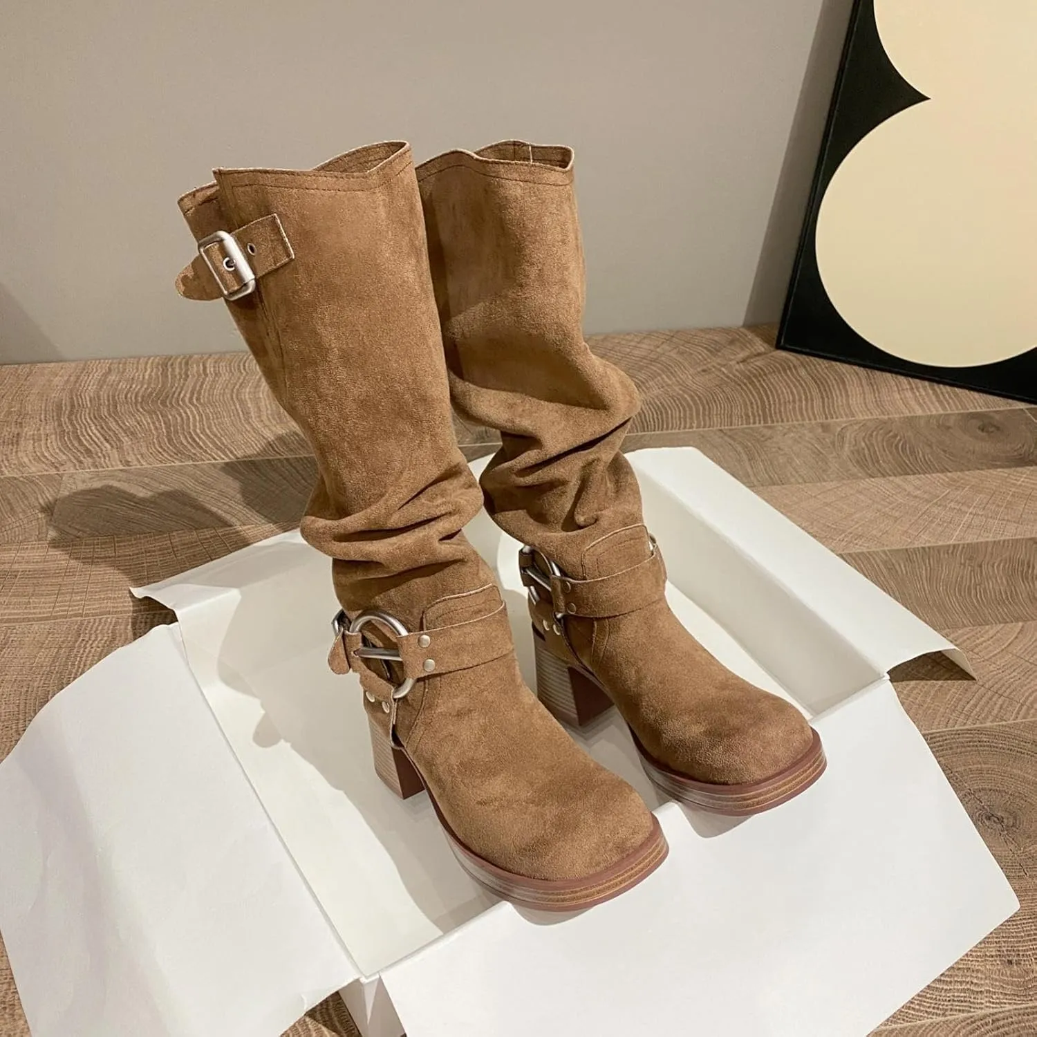GORBINETI Women's Cowboy Square Toe Slouchy Mid Calf Boots with Chunky Heels Metal Buckles Fashion Winter Dress Boots