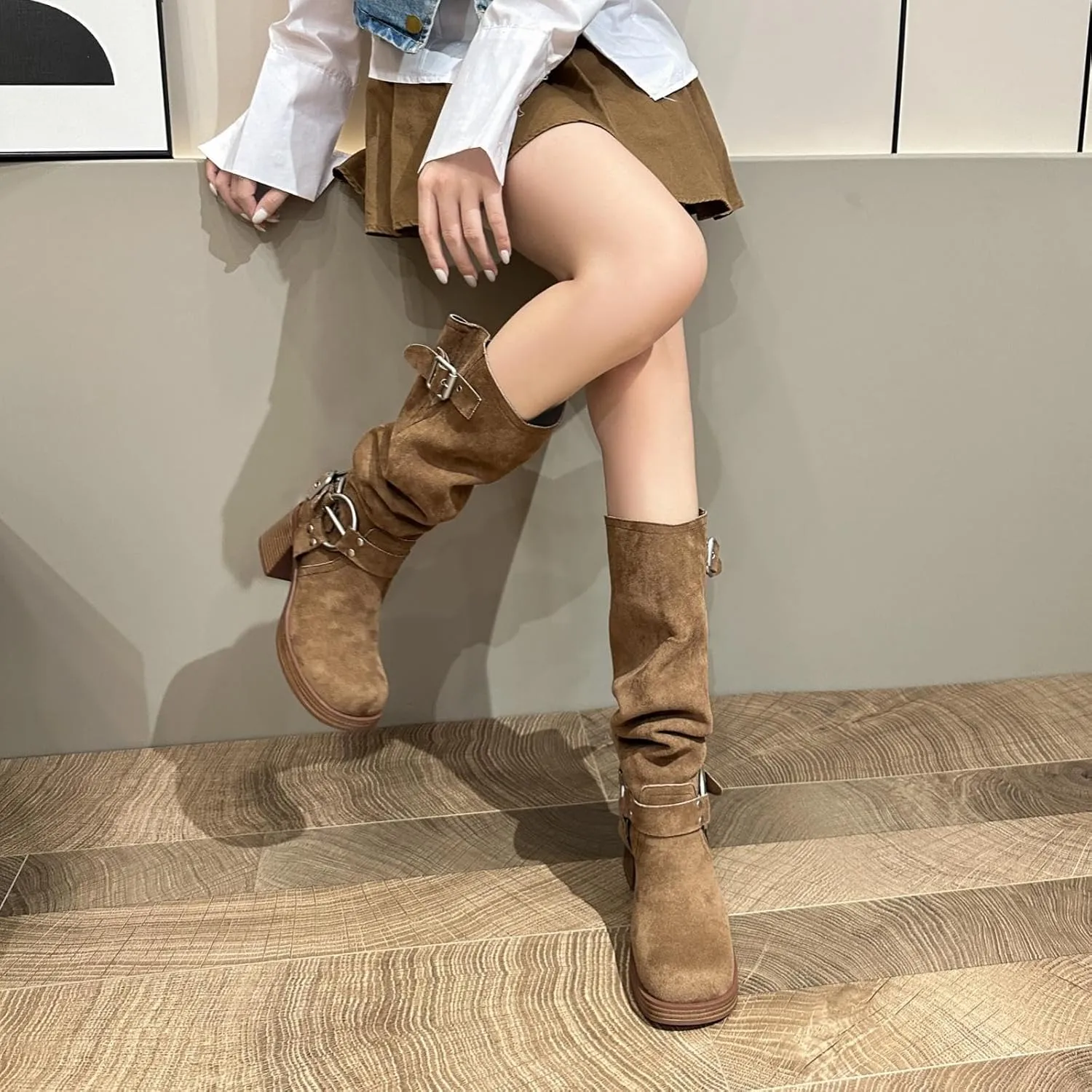 GORBINETI Women's Cowboy Square Toe Slouchy Mid Calf Boots with Chunky Heels Metal Buckles Fashion Winter Dress Boots