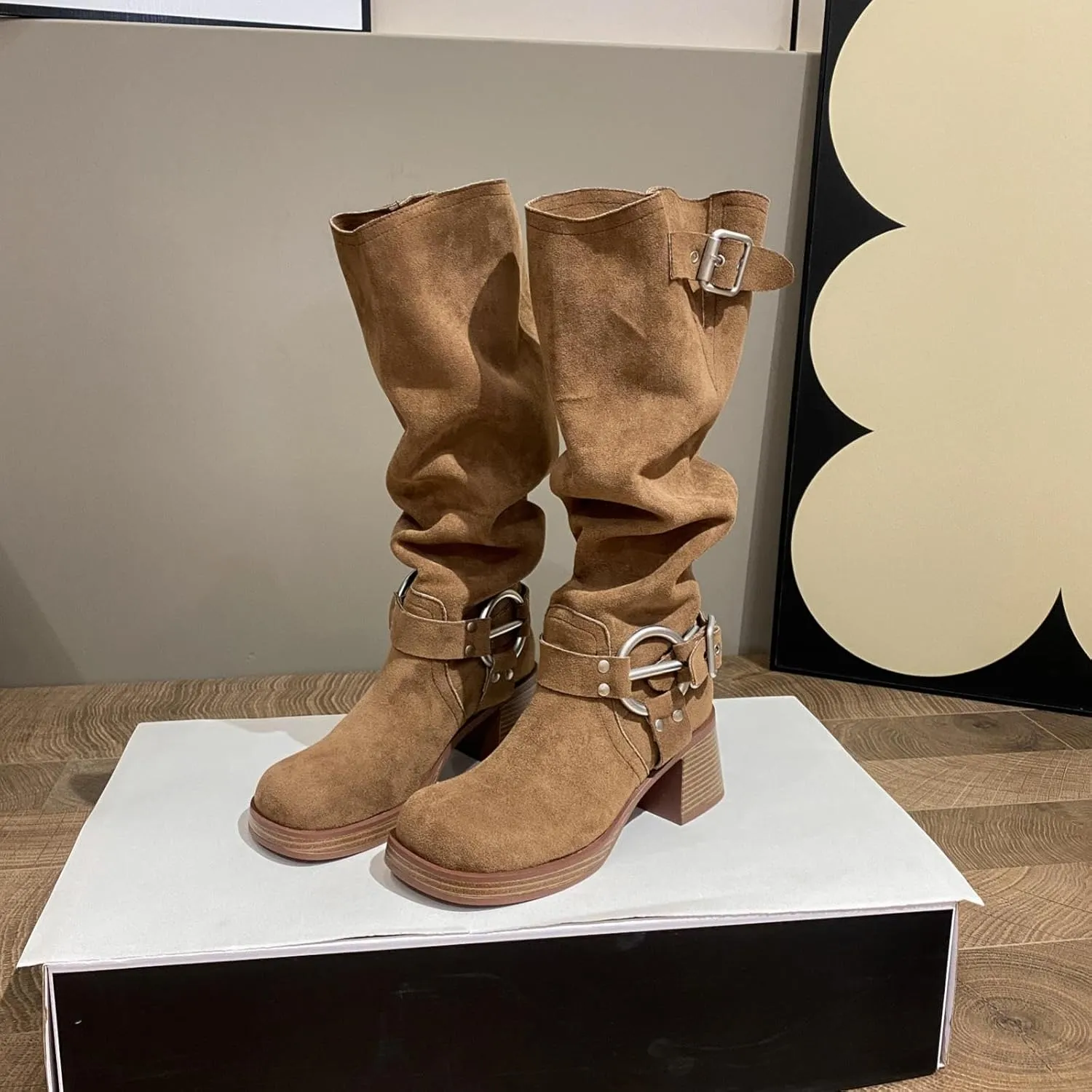 GORBINETI Women's Cowboy Square Toe Slouchy Mid Calf Boots with Chunky Heels Metal Buckles Fashion Winter Dress Boots