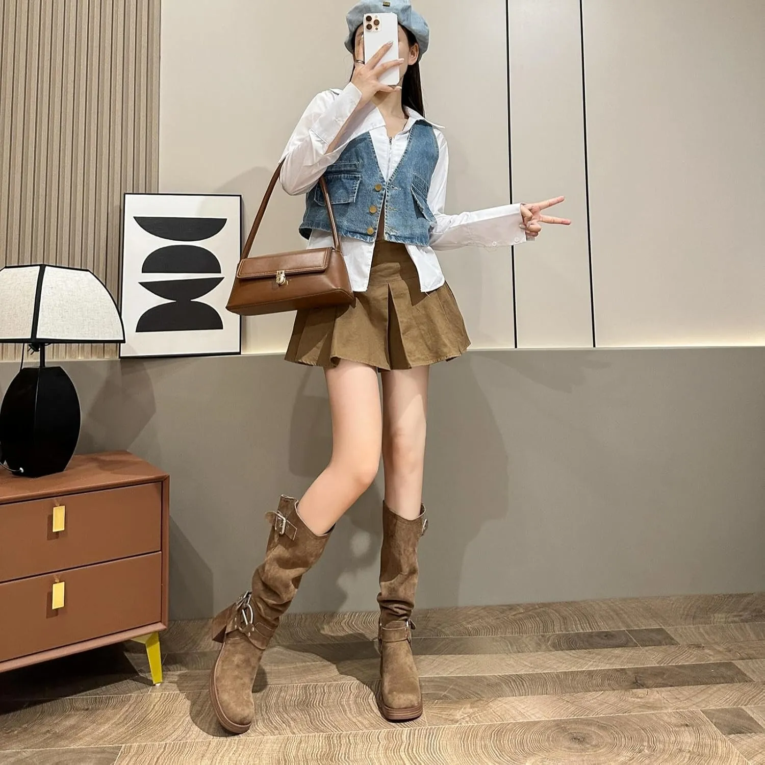 GORBINETI Women's Cowboy Square Toe Slouchy Mid Calf Boots with Chunky Heels Metal Buckles Fashion Winter Dress Boots