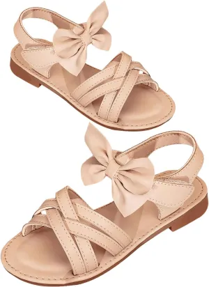 GORGLITTER Girl's Criss Cross Strappy Bow Cute Flat Sandals Open Toe Backstrap Dressy Vacation Flats Apricot 2