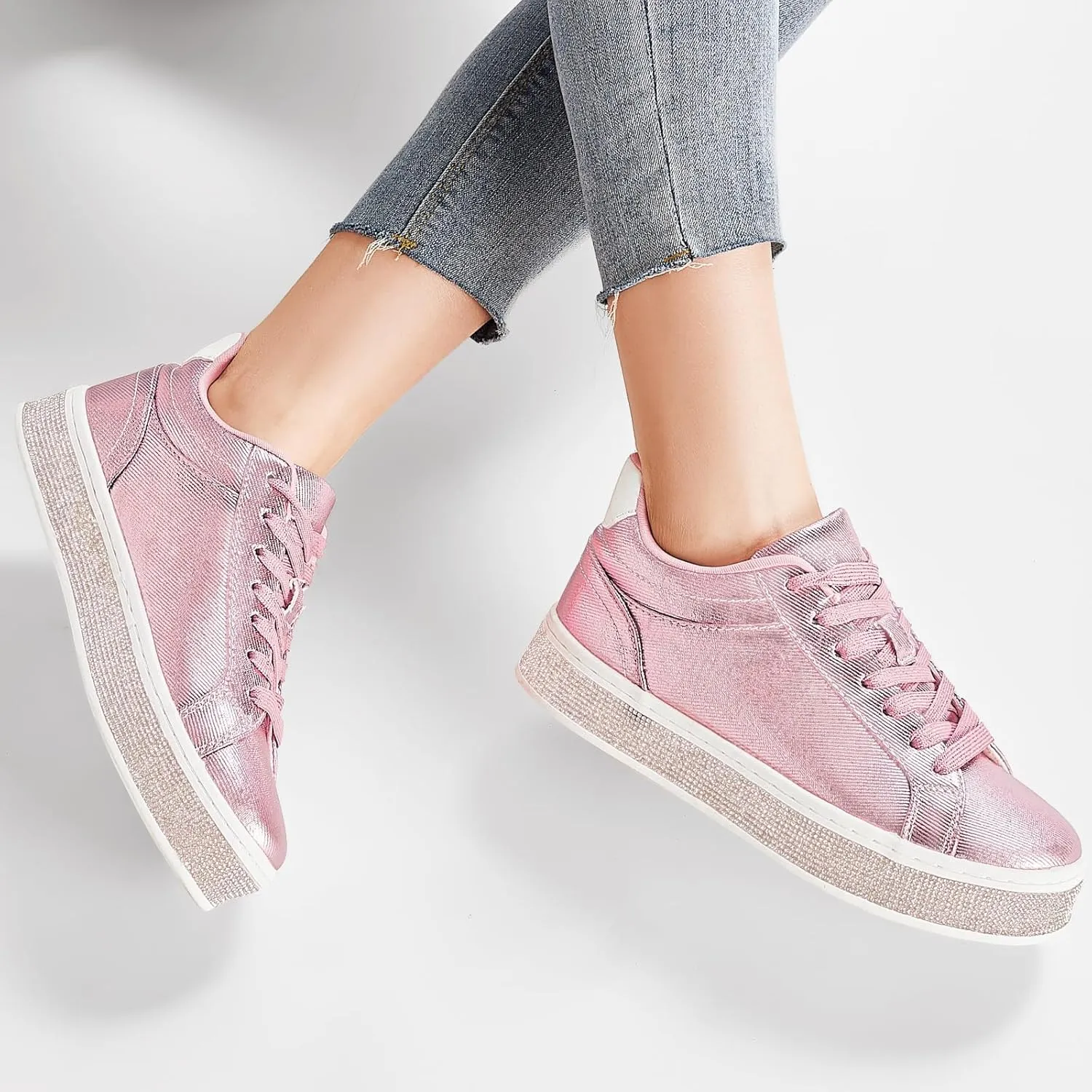 GOSERCE Women's Fashion Sneakers with Sparkly Glitter Rhinestone Sneakers Platform Tennis Shoes Trendy Cute Comfortable Casual Dressy Wedding Bridal Walking Concert Fall