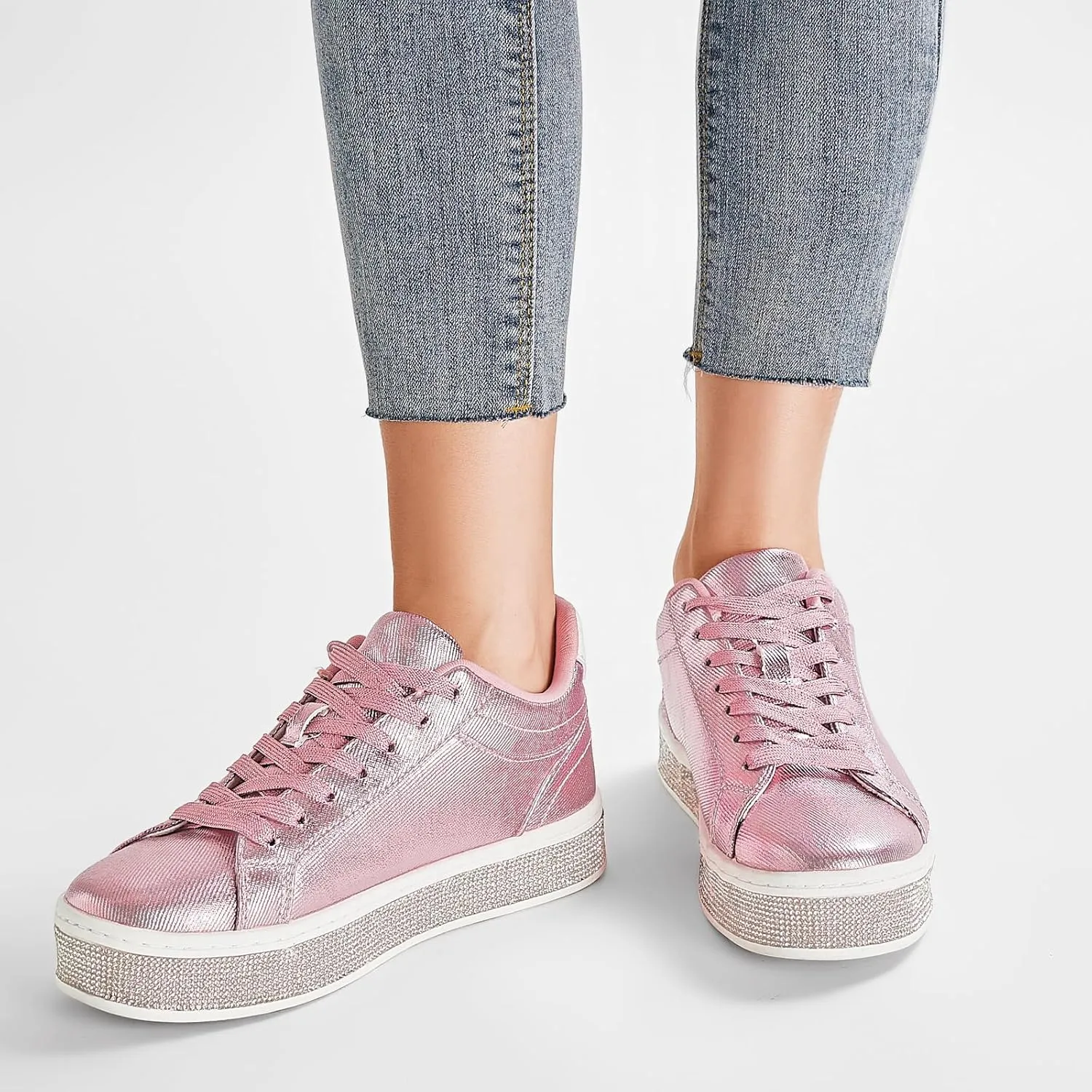 GOSERCE Women's Fashion Sneakers with Sparkly Glitter Rhinestone Sneakers Platform Tennis Shoes Trendy Cute Comfortable Casual Dressy Wedding Bridal Walking Concert Fall
