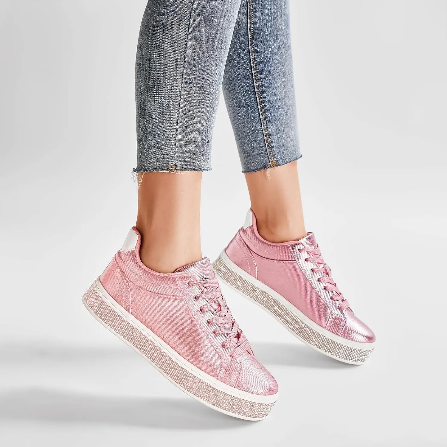 GOSERCE Women's Fashion Sneakers with Sparkly Glitter Rhinestone Sneakers Platform Tennis Shoes Trendy Cute Comfortable Casual Dressy Wedding Bridal Walking Concert Fall