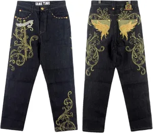 Gothic Men's Trendy Straight Pants Hip-hop Jeans Hiphop Street Dance Graffiti Print Embroidered Loose Skateboard