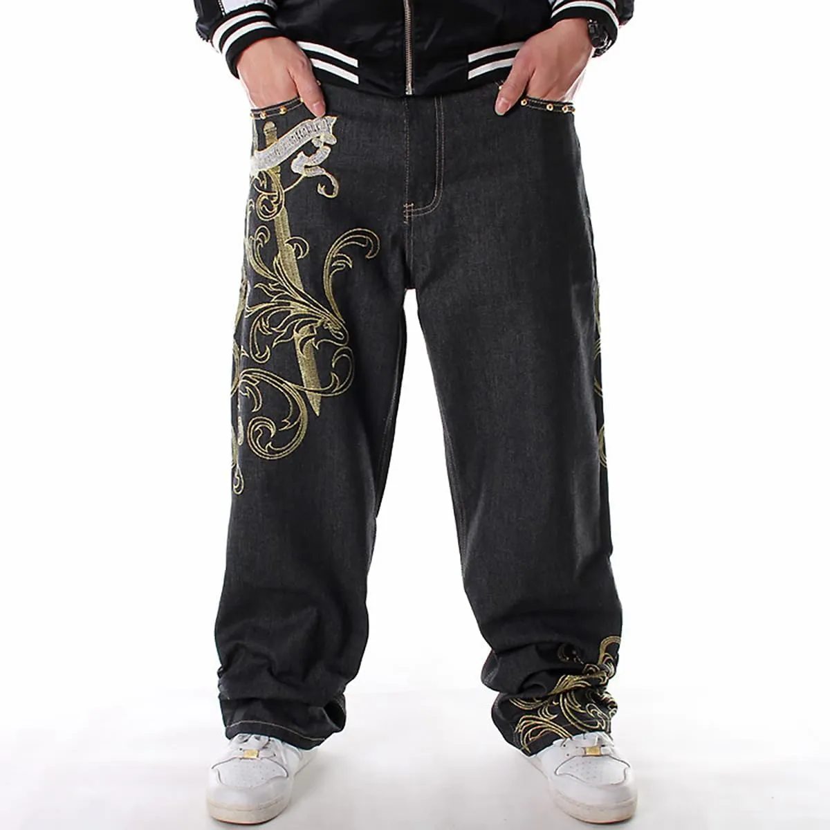 Gothic Men's Trendy Straight Pants Hip-hop Jeans Hiphop Street Dance Graffiti Print Embroidered Loose Skateboard