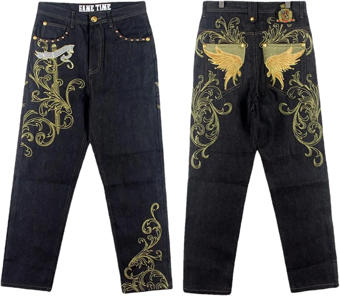 Gothic Men's Trendy Straight Pants Hip-hop Jeans Hiphop Street Dance Graffiti Print Embroidered Loose Skateboard