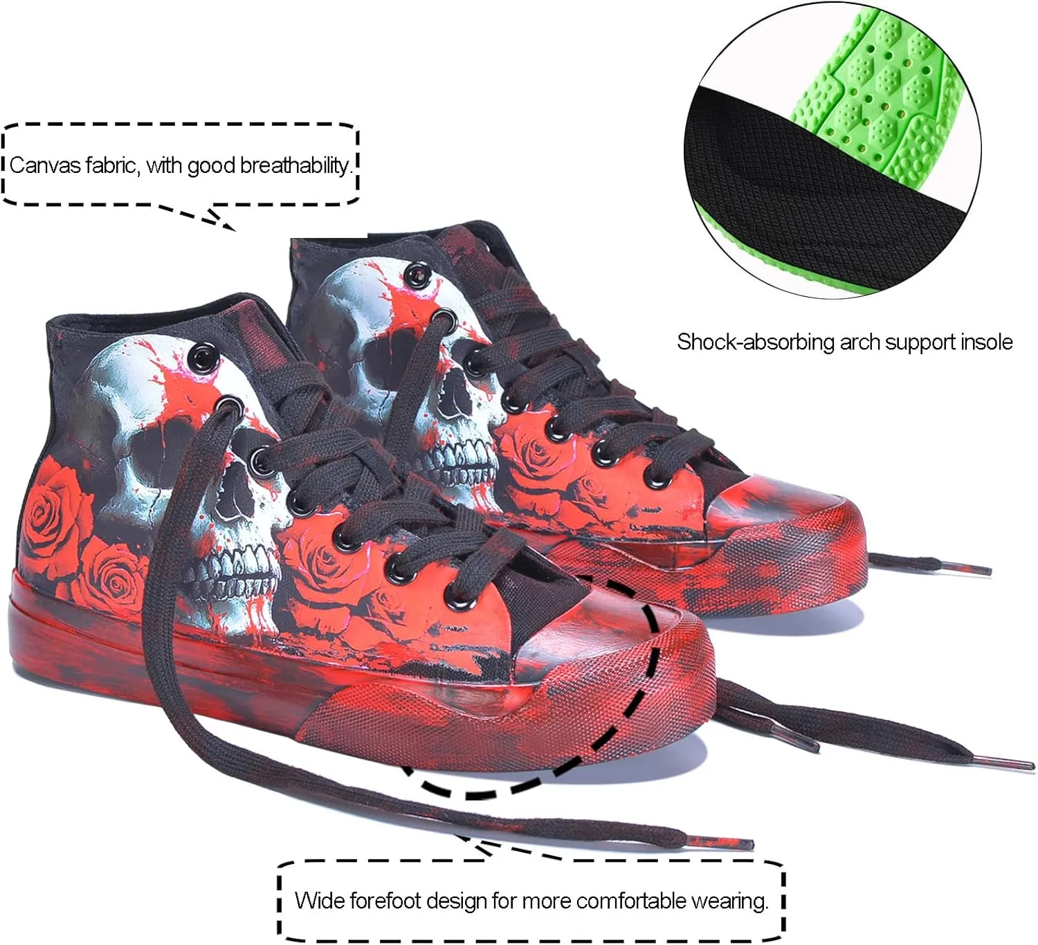 Gothic Skull Shoes for Women Fashion Sneakers Men's Hand-Painted Graffiti Shoes Punk Cosplay Hip Hop Teen Boys Girls Student Casual Walking Streetwear