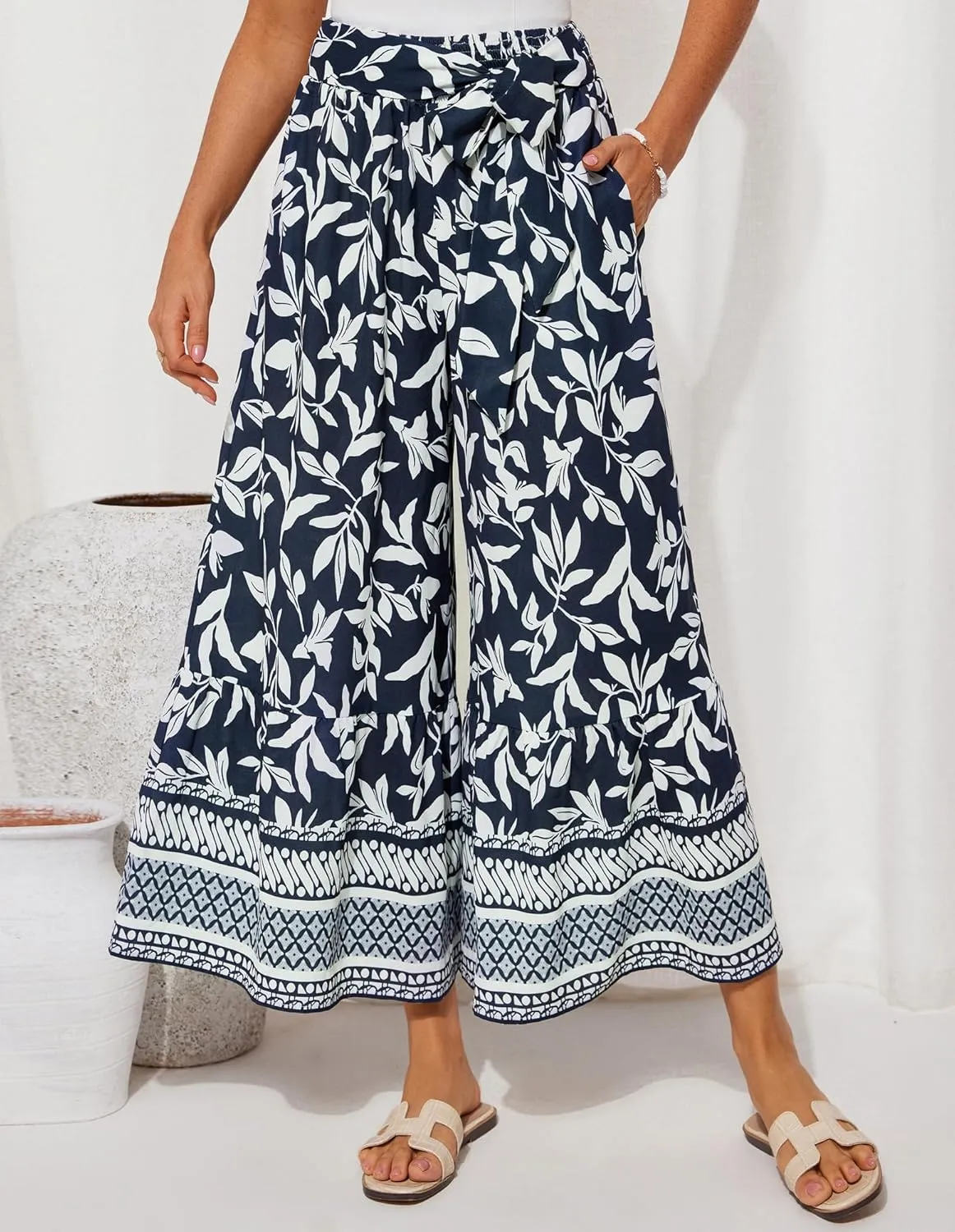GRACE KARIN Women's 2025 Summer Wide Leg Palazzo Pants Elastic High Waisted Boho Casual Flowy Beach Pants with Pockets