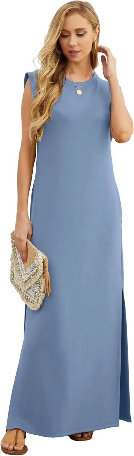 GRECERELLE 2025 Women Summer Round Neck Casual Loose Split Wrinkle-Free Long Maxi Vacation Dress with Pockets (XS-3XL)