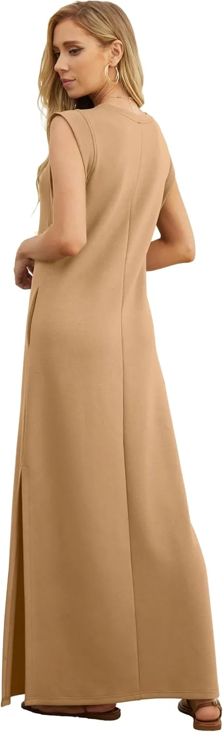 GRECERELLE 2025 Women Summer Round Neck Casual Loose Split Wrinkle-Free Long Maxi Vacation Dress with Pockets (XS-3XL)