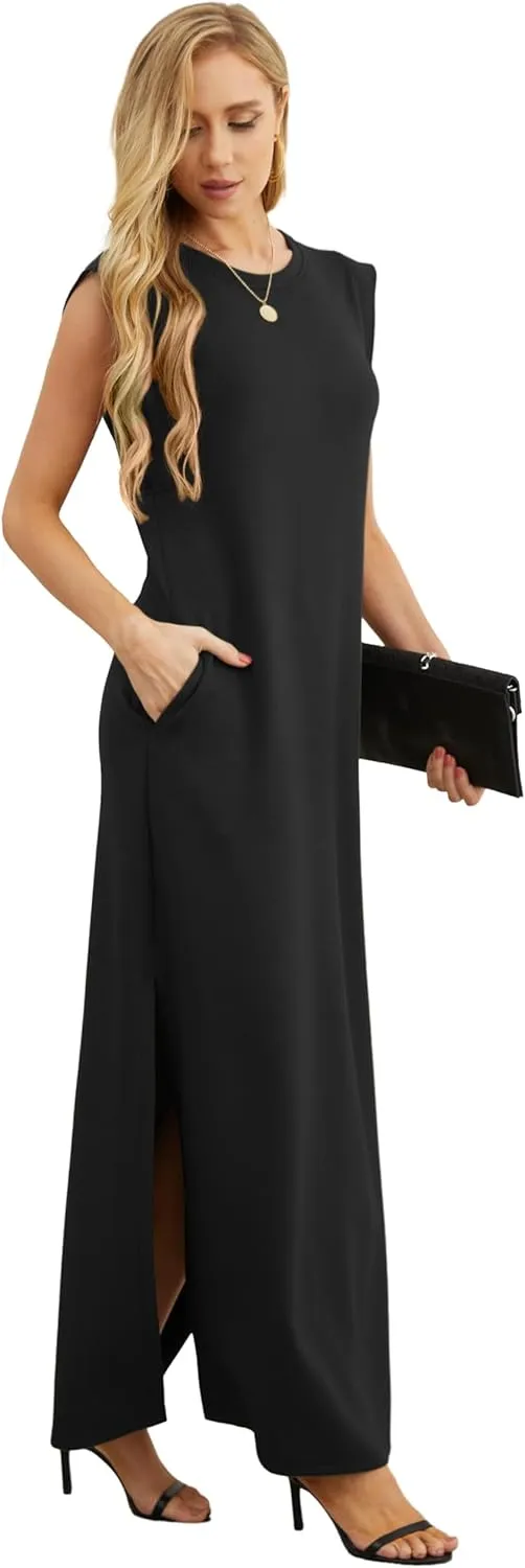 GRECERELLE 2025 Women Summer Round Neck Casual Loose Split Wrinkle-Free Long Maxi Vacation Dress with Pockets (XS-3XL)