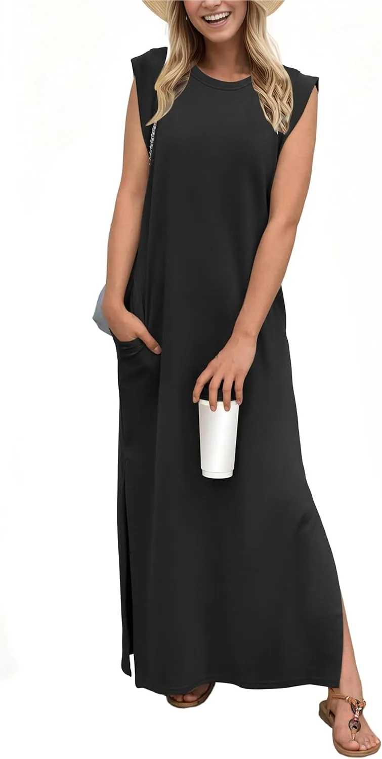 GRECERELLE 2025 Women Summer Round Neck Casual Loose Split Wrinkle-Free Long Maxi Vacation Dress with Pockets (XS-3XL)