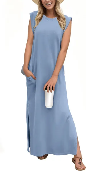 GRECERELLE 2025 Women Summer Round Neck Casual Loose Split Wrinkle-Free Long Maxi Vacation Dress with Pockets (XS-3XL)