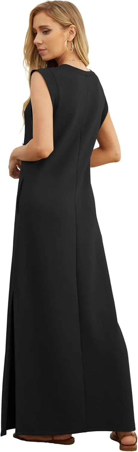 GRECERELLE 2025 Women Summer Round Neck Casual Loose Split Wrinkle-Free Long Maxi Vacation Dress with Pockets (XS-3XL)
