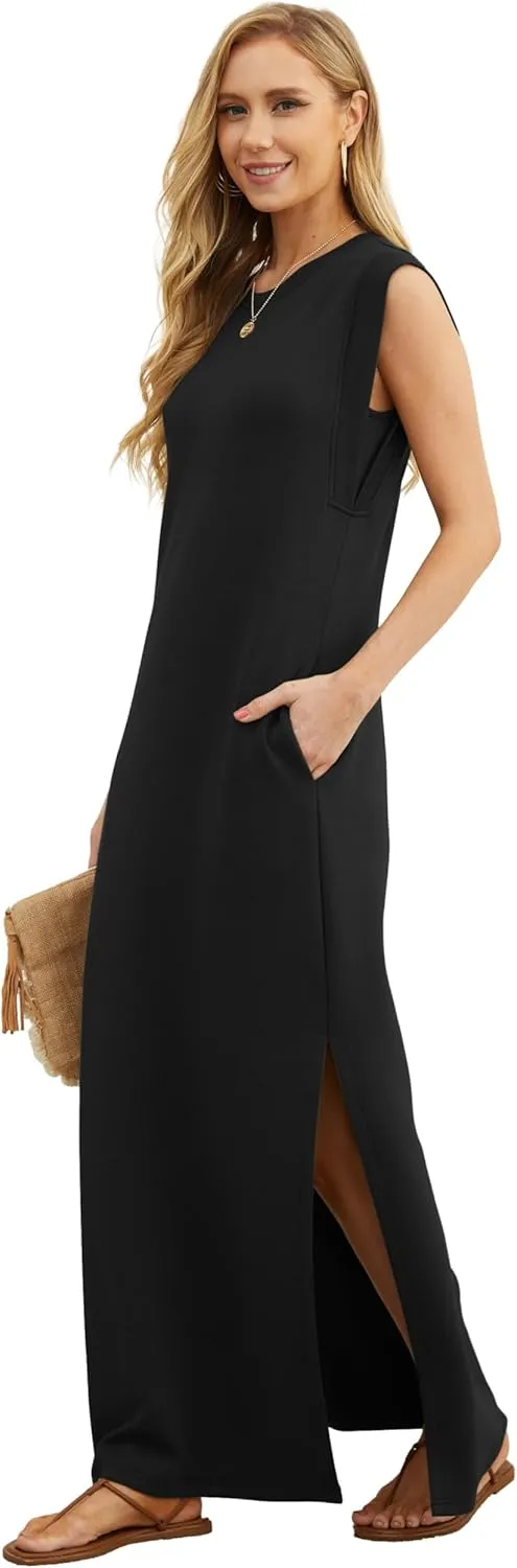 GRECERELLE 2025 Women Summer Round Neck Casual Loose Split Wrinkle-Free Long Maxi Vacation Dress with Pockets (XS-3XL)