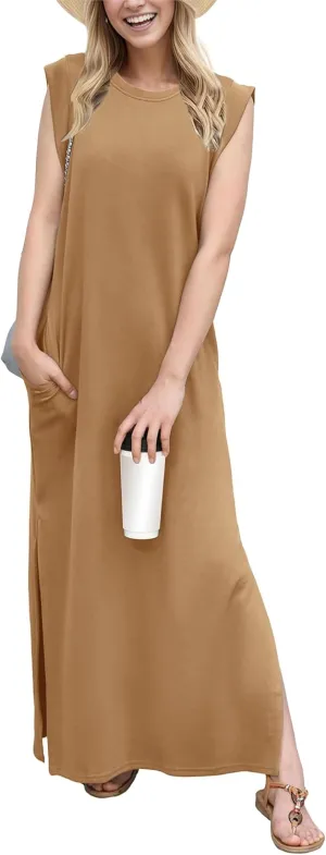 GRECERELLE 2025 Women Summer Round Neck Casual Loose Split Wrinkle-Free Long Maxi Vacation Dress with Pockets (XS-3XL)