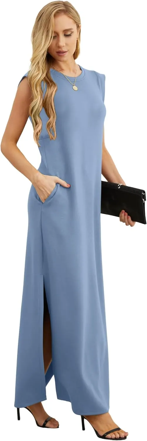 GRECERELLE 2025 Women Summer Round Neck Casual Loose Split Wrinkle-Free Long Maxi Vacation Dress with Pockets (XS-3XL)
