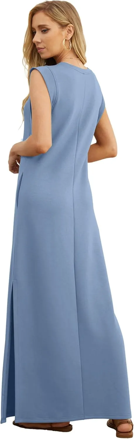 GRECERELLE 2025 Women Summer Round Neck Casual Loose Split Wrinkle-Free Long Maxi Vacation Dress with Pockets (XS-3XL)