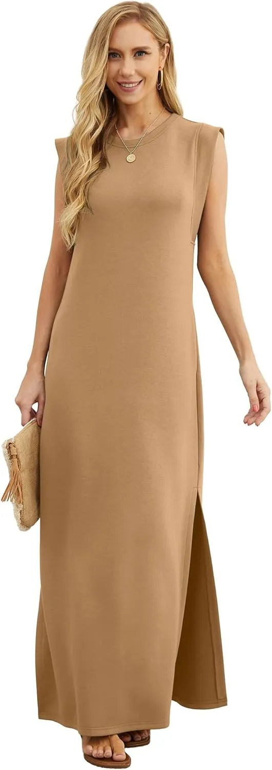 GRECERELLE 2025 Women Summer Round Neck Casual Loose Split Wrinkle-Free Long Maxi Vacation Dress with Pockets (XS-3XL)