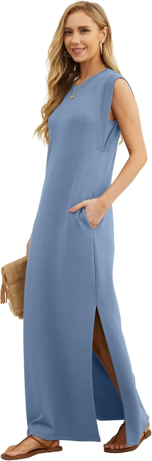 GRECERELLE 2025 Women Summer Round Neck Casual Loose Split Wrinkle-Free Long Maxi Vacation Dress with Pockets (XS-3XL)