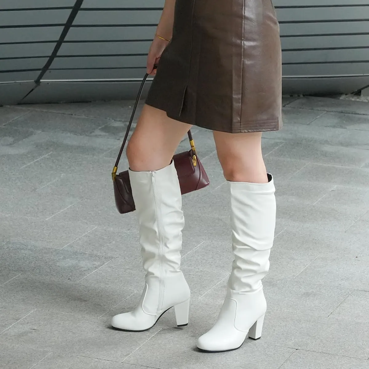 Hawkwell Women's Black White Fall Winter Chunky High-heel Side Zip Knee High Boots