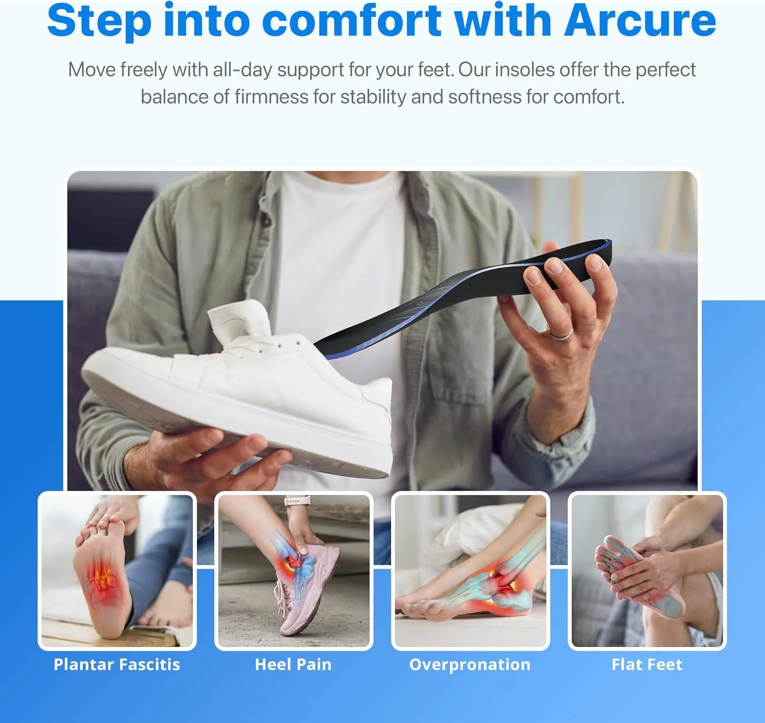 Heavy Duty Orthotic Insoles for Plantar Fasciitis, Flat Foot, Fallen Arches | Shoe Inserts for Feet Pain and Fatigue Relief | 3.5cm High Arch Support | Arcure (Men's US 10-10.5 | Women's US 12-12.5)
