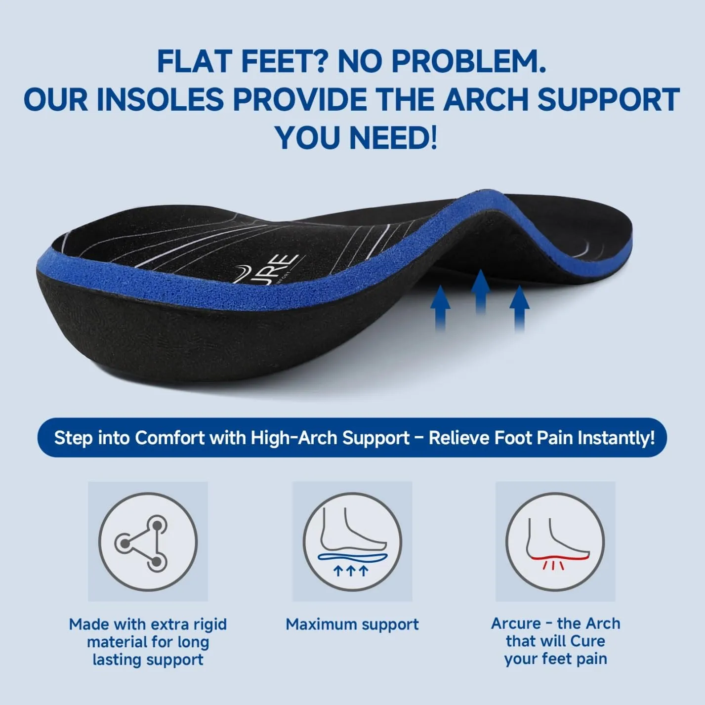 Heavy Duty Orthotic Insoles for Plantar Fasciitis, Flat Foot, Fallen Arches | Shoe Inserts for Feet Pain and Fatigue Relief | 3.5cm High Arch Support | Arcure (Men's US 10-10.5 | Women's US 12-12.5)