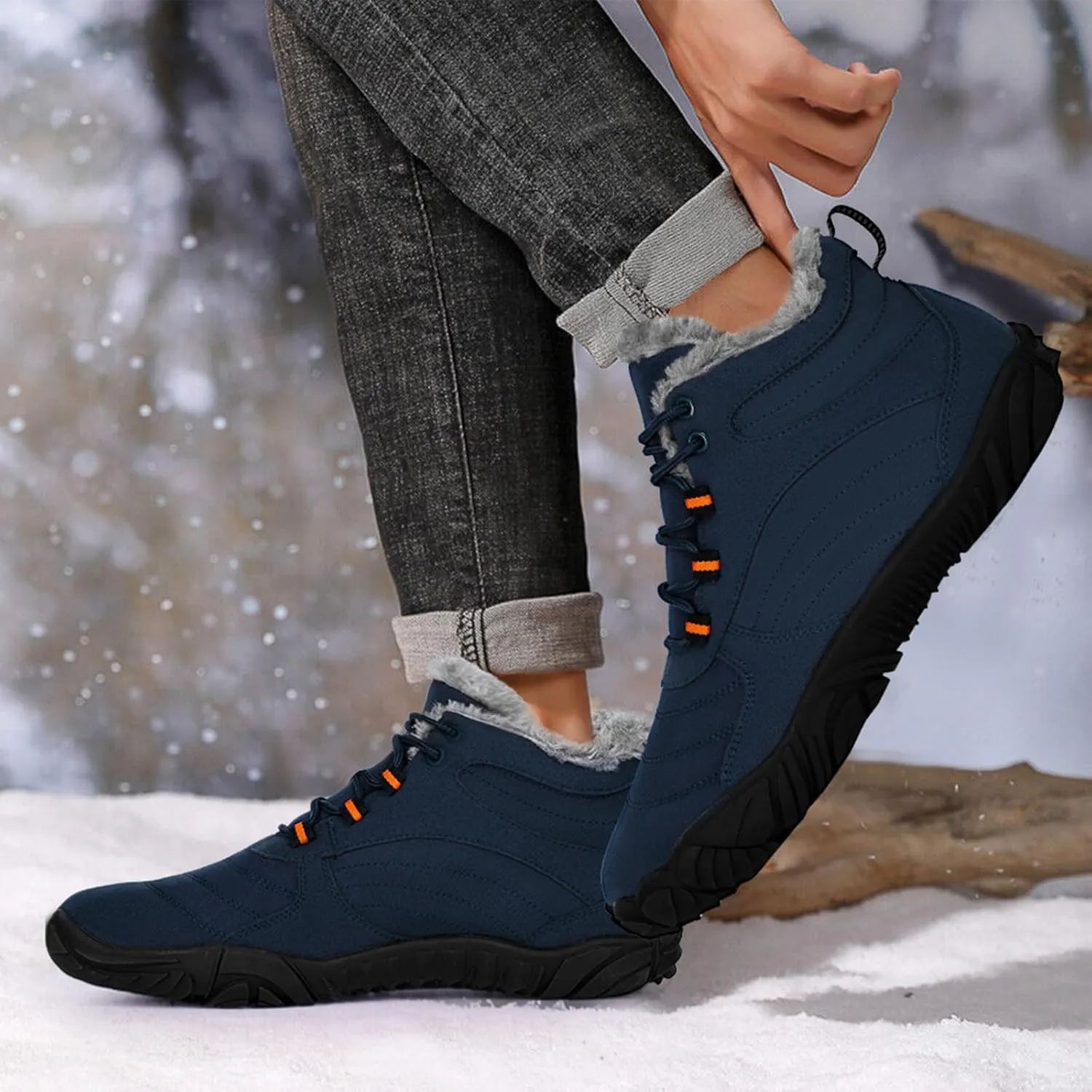 Hike Barefoot Boots Womens Mens Waterproof Fur Lined Winter Barefoot Shoes Minimalist Snow Boots Wide Toe Box Ankle Booties